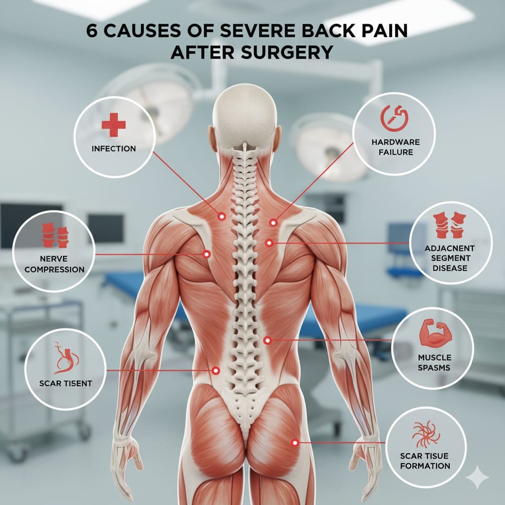 Illustration showing 6 causes of severe back pain after surgery including infection, nerve compression, hardware failure, adjacent segment disease, muscle spasms, and scar tissue formation – NBR Clinic